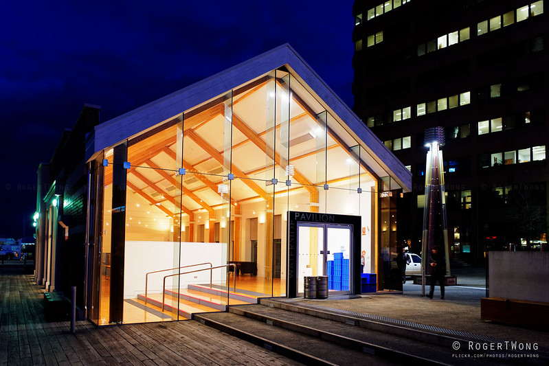 Waterside Pavilion lit up at night